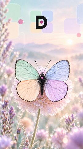 Miniatura tapety dotty: pastelowy motyl na łące lawendy, u góry znak dotty